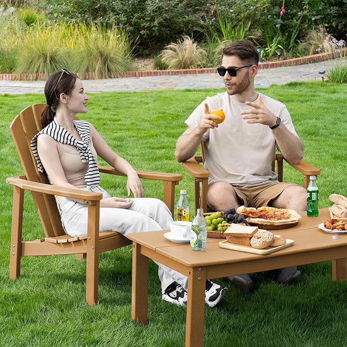 nevilywood Compact Stackable Adirondack Chairs Set of 2, 26.3" Wide HDPE Outdoor Patio Chairs - Durable, Space-Saving Design for Porch, Lawn or Garden, Teak