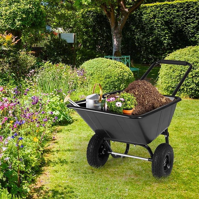 Goplus 2 Wheel Wheelbarrow, 330 LBS Utility Garden Cart with 10” Pneumatic Tires & Handle, 21 Gal Volume, Yard Dump Cart Wheel Barrow, Heavy Duty Wheel Barrow for Lawn (Black Handle+Black Cart)