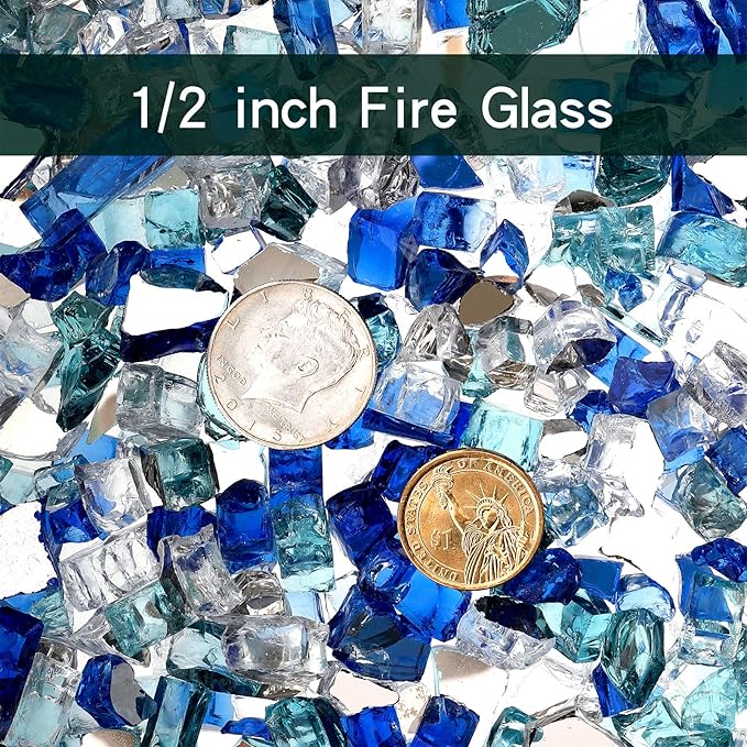 Onlyfire 10 Pounds Blended Reflective Fire Glass for Fire Pit Fireplace and Landscaping, 1/2 Inch Mixed Colored High Luster Fireglass Rocks for Outdoor and Indoor Use - Aqua Blue+Platinum+Cobalt Blue