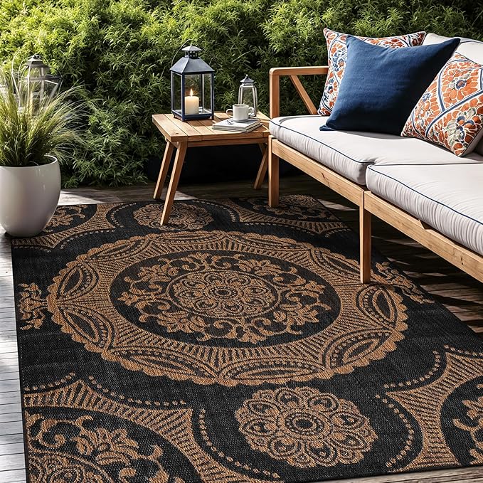 Medallion Outdoor Rug 9x12 Washable Outside Carpet for Indoor Patio Porch Waterproof Easy Cleaning Non Shedding Area Rugs Nut Brown 9 x 12