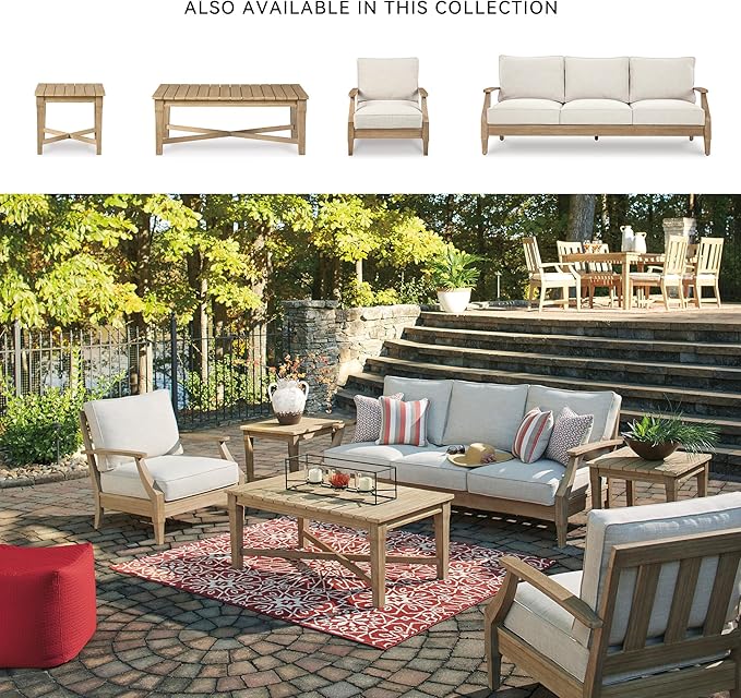 Signature Design by Ashley Carter Hall Outdoor Eucalyptus Wood Patio Sofa – Cushioned with UV-Resistant Nuvella Fabric, 5-Step Protective Finish, Beige