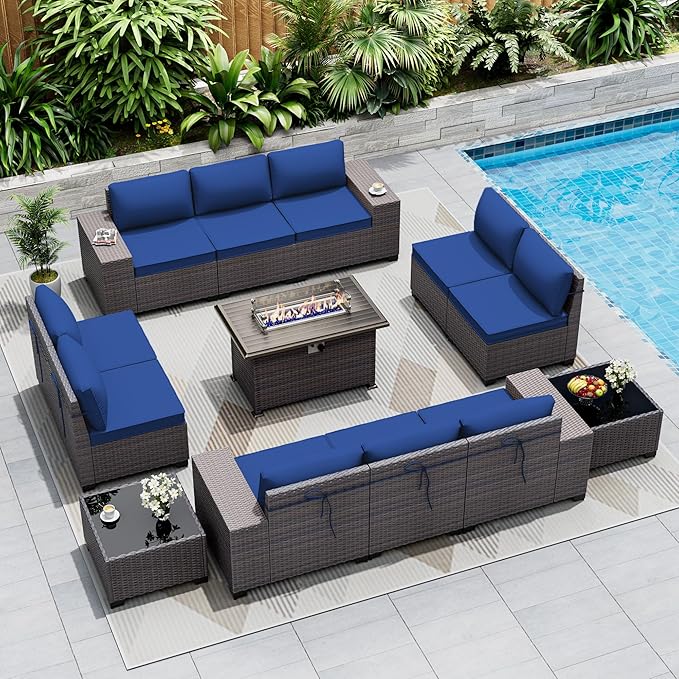 Outdoor Patio Furniture Set with Gas Fire Pit Table, 13 Pieces Patio Sectional Sofa w/43in Propane Fire Pit, PE Wicker Rattan Patio Conversation Set - Blue.