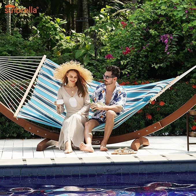 Lazy Daze Hammocks 12 FT Sunbrella Fabric Hammock not Fading with Spreader Bars and Free Pillow Fits for 2 Persons, All Weather and Fade Resistant for Patio Yard, 450 lbs Capacity, Token Surfside