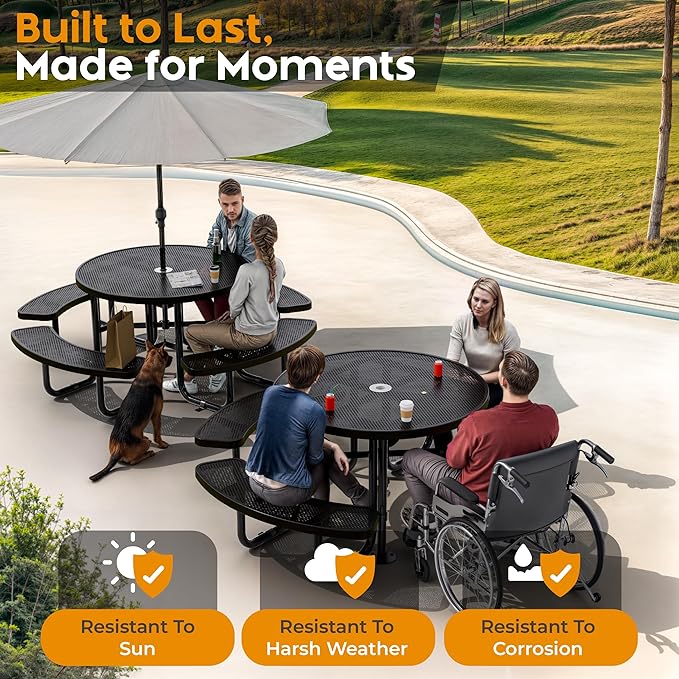 Metal Picnic Tables for Outdoors with Umbrella Hole - Coated Steel Heavy Duty Commercial Grade Furniture Set with Adjustable Seats (Black, 46 in, Round, Punched Steel)