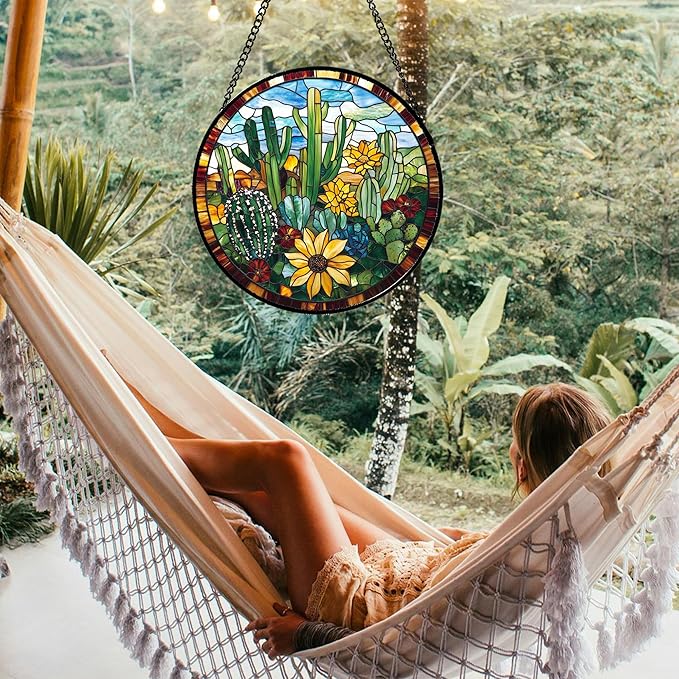 QZQCBLC Stained Glass Window Hanging Green Cactus with Yellow Flowers Large 15" - Suncatcher Door Garden Sun Catcher Home Decor Birthday Christmas for Mom Men Woman Friend Nana