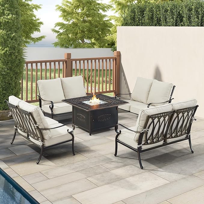 Oakland Living Black Aluminum Patio Fire Table Set with Four Deep Seating Loveseat, Cushions and Wind Blocker
