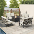 Oakland Living Black Aluminum Patio Fire Table Set with Four Deep Seating Loveseat, Cushions and Wind Blocker