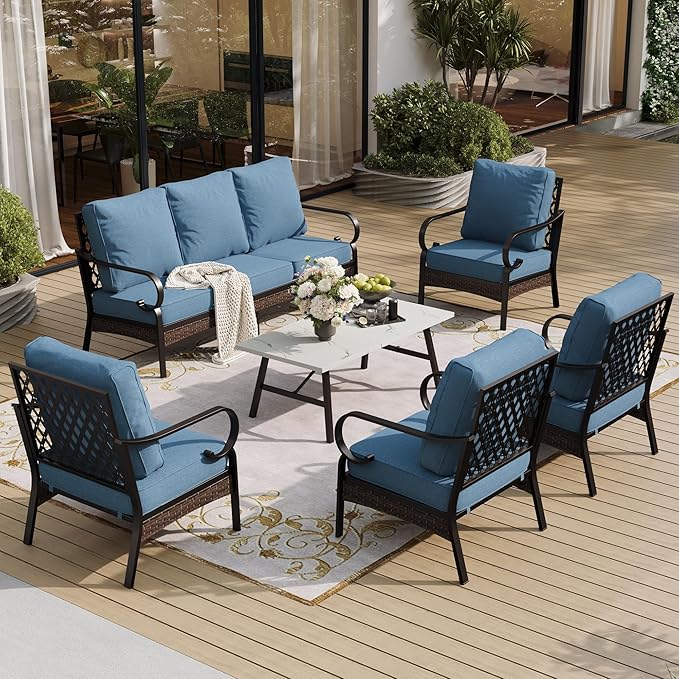 SUNSHINE VALLEY 6 Piece Metal Outdoor Patio Furniture Sets, Patio Conversation Sets with 3-Seater Sofa, 4 Single Sofa (5.75" Thick Cushion) & Coffee Table, Black Frame Backyard Furniture, Denim Blue