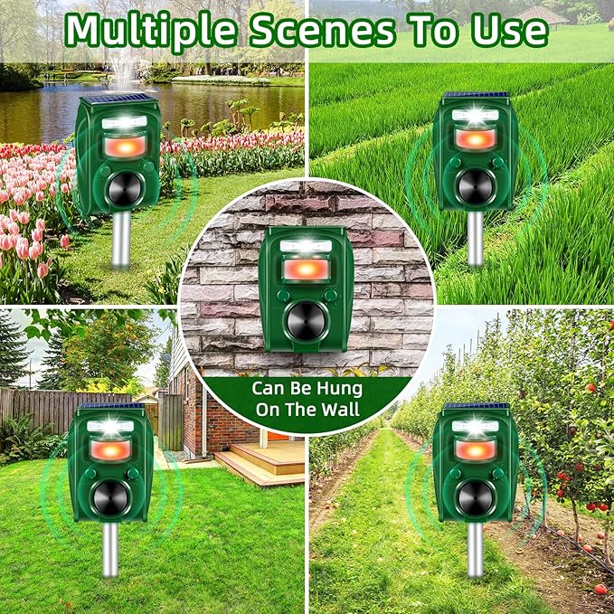 2 Pack 2026 Solar Ultrasonic Repellent Outdoor Cat Squirrel Deer Repellent Devices Rabbit Deterrent for Garden,Animal Repeller with Motion Detection Flash Light for Dog Skunk Raccoon Rabbit Rodent