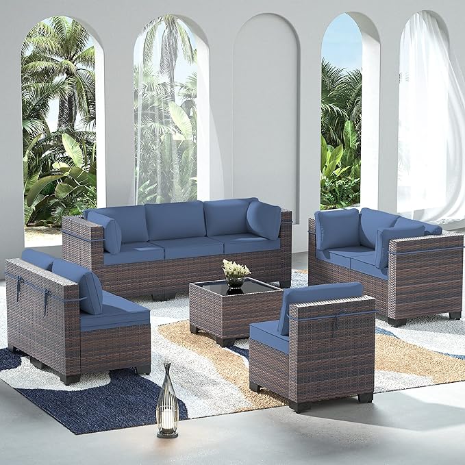 Outdoor Patio Furniture Set, 9 Pieces Outdoor Sectional Furniture Patio Set, All-Weather PE Rattan Patio Conversation Set with Tempered Glass Top Table & Cushions(Dark Blue).