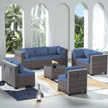 Outdoor Patio Furniture Set, 9 Pieces Outdoor Sectional Furniture Patio Set, All-Weather PE Rattan Patio Conversation Set with Tempered Glass Top Table & Cushions(Dark Blue).