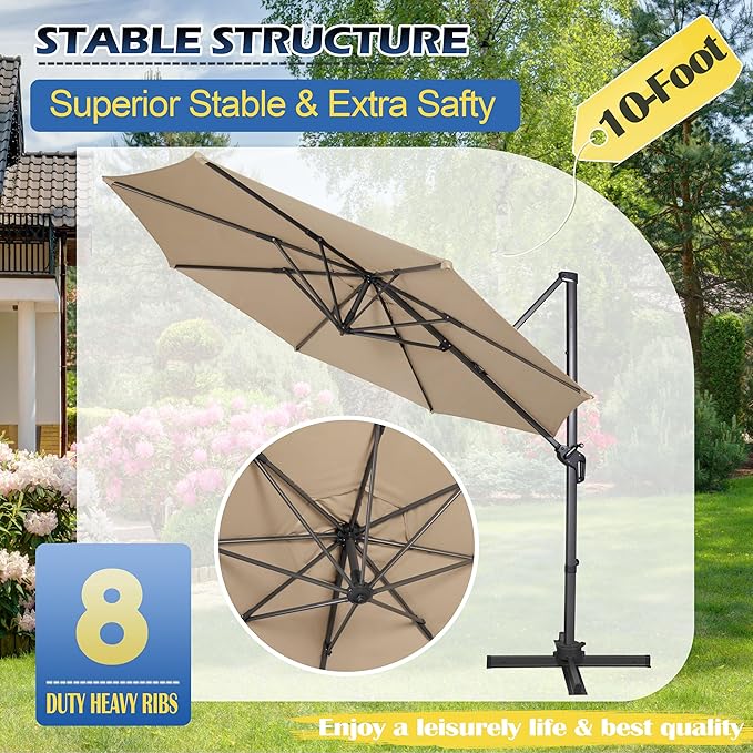 Sunnyglade 10Ft Cantilever Patio Umbrella, 360° Rotation & Integrated Tilting System Offset Umbrella with 8 Sturdy Ribs, Fade-resistant & Waterproof for Garden Backyard Poolside Deck