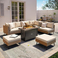 LAUSAINT HOME 9 Pieces Outdoor Patio Furniture Set with 43" Propane Gas Fire Pit Table, Outdoor Sectional Sofa PE Rattan Wicker Patio Conversation Sets with Thick Cushions(Beige