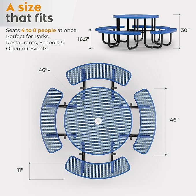 Metal Picnic Tables for Outdoors with Umbrella Hole - Coated Steel Heavy Duty Commercial Grade Furniture Set with Adjustable Seats (Blue, 46 in, Round, Punched Steel)
