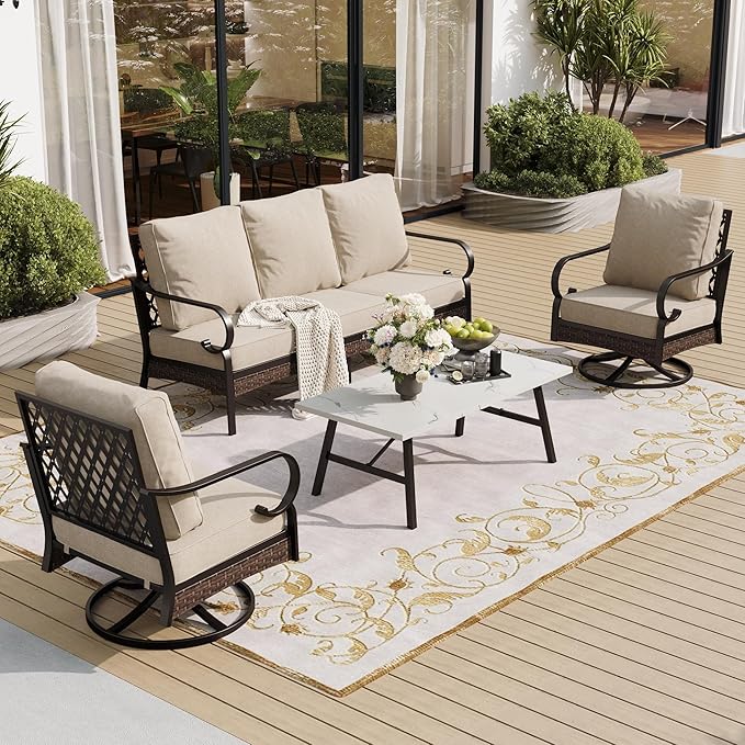 SUNSHINE VALLEY 4 PCS Metal Outdoor Patio Furniture Set, Patio Conversation Sets 1 3-Seater Sofa, 2 Swivel Chairs with 5.75" Extra Thick Cushion & Coffee Table, Black Frame Backyard Furniture, Beige