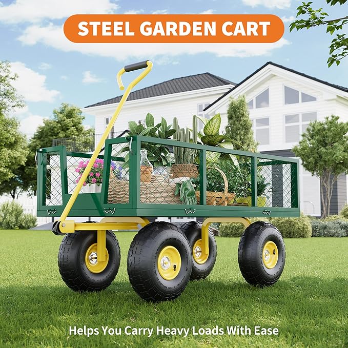 900 Lbs Garden Wagon, 2-in-1 Heavy-Duty Steel Garden Cart, with 10 Inch All-Terrain Tires and Removable Mesh Side Panels, 180° Rotating Handle, Metal Utility Yard Trailer, Outdoor Gardens Wagon Cart