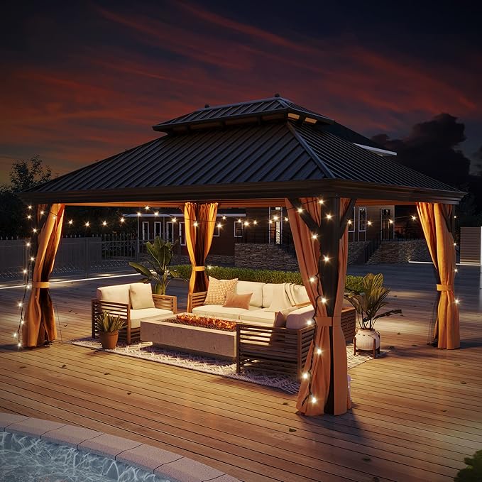 GAZEBEST 12' X 16' Hardtop Gazebo, Outdoor Galvanized Steel Double Roof Permanent Aluminum Frame Pavilion Pergola Canopy with Privacy Curtains for Garden, Patio, Backyard, Deck and Lawns.
