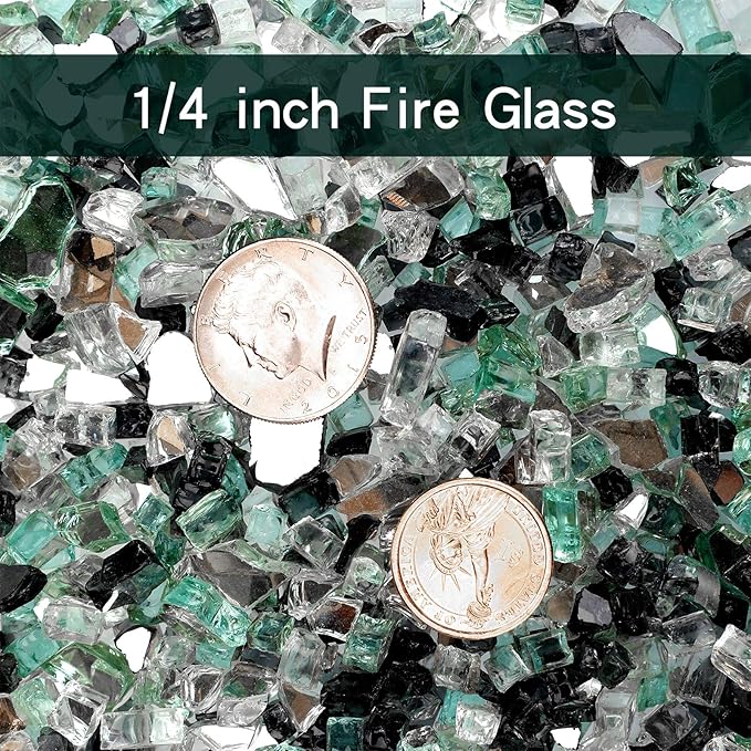 Onlyfire 10 Pounds Blended Reflective Fire Glass for Fire Pit Fireplace and Landscaping, 1/4 Inch Mixed Colored High Luster Fireglass Rocks for Outdoor ＆ Indoor - Onyx Black+Platinum+ Light Green