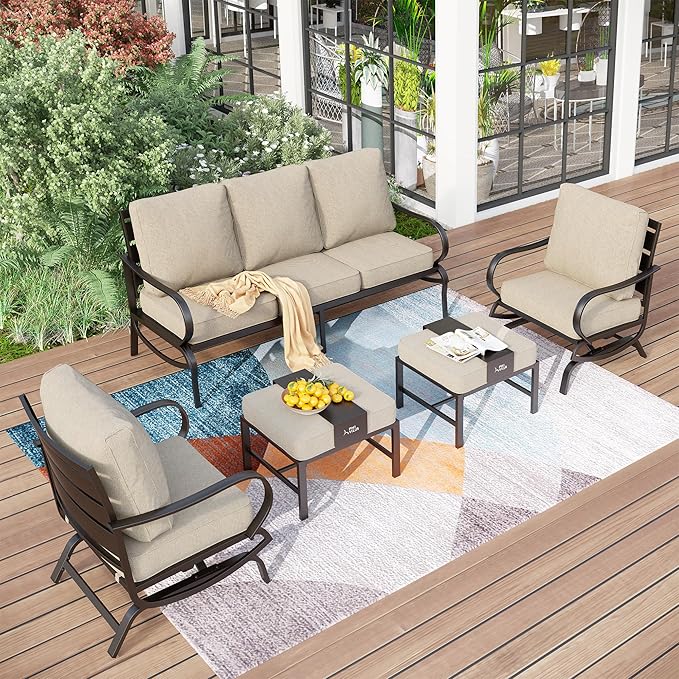 PHI VILLA 5 Pcs Patio Furniture Set with 1 x 72 Padded Deep Seating Bench Sofa, 2 x Cushioned C-Base Sofa Chairs and 2 x Metal Cushioned Ottoman, Outdoor Deluxe Furniture Patio Set for Backyard