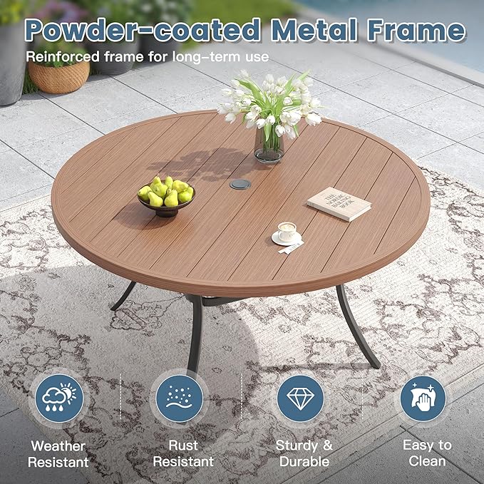 DIFY 50" Round Outdoor Patio Dining Table for 6, Metal Patio Table with 1.57" Adjustable Umbrella Hole, All-Weather Dining Furniture Table for Backyard Lawn Garden, Walnut