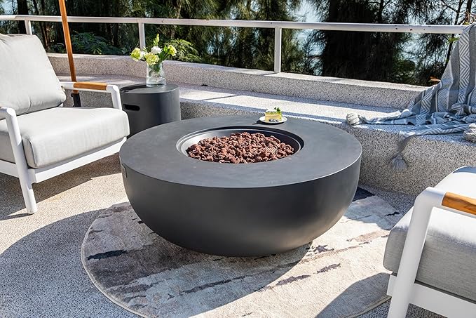 AMS Creations | Eclipse 44" Round Cast Concrete Propane Gas Fire Pit Bowl Table | Dark Gray | Smooth Texture Surface | Electronic Ignition | Outdoor Patio Heater Outside Backyard Fireplace
