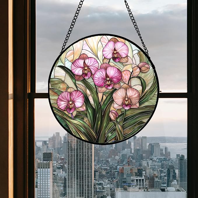 AMDERVEN Stained Glass Window Hanging - Pink Phalaenopsis Orchid Green Leaves Sun Catcher for Door Home Decor Flower Suncatcher Christmas Mother's Day Birthday Gifts for Women Men Mom Nana 6.3 in