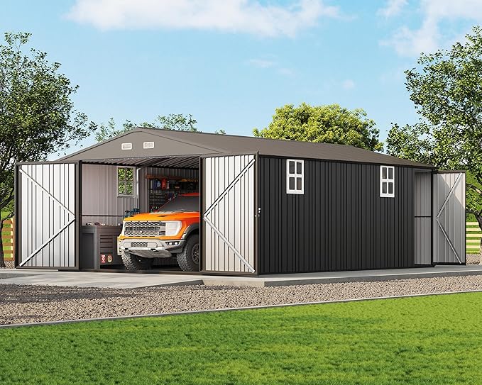 Jocisland 13.2x20.7x8.4 FT Heavy Duty Metal Carport, Car Canopy with 2 Lockable Doors & 4 Windows, All-Weather Car Shelter for Boat, Truck, Tractor, Equipment Storage, Dark Gray