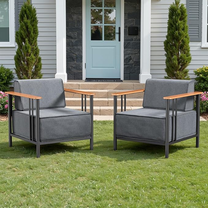 Luxury Patio Chairs Set of 2 with 10" Extra Thick Cushions, Outdoor Furniture with Rustproof Metal Frame and Olefin Fabric, Outdoor Patio Chairs for Porch, Balcony, Deck, Yard, Black/Grey