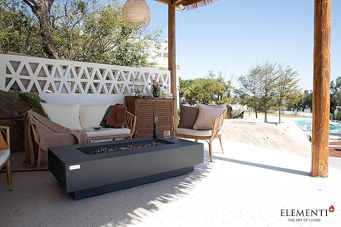 Elementi+ | Positano Gas Fire Pit Cast Concrete 60" Rectangular Fire Table, Outdoor Fire Pit Electronic Ignition | Canvas Cover, Fire Glass and Burner Lid Included | Dark Gray | Natural Gas