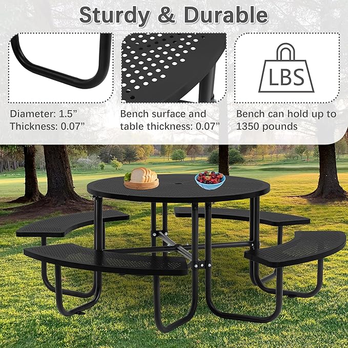 KUFUH 46" Coated Round Metal Picnic Table for 4-8 Person, Durable Heavy Duty Commercial Picnic Table with Umbrella Hole for Outdoor Coffee Shop, School, Easy to Install, Black