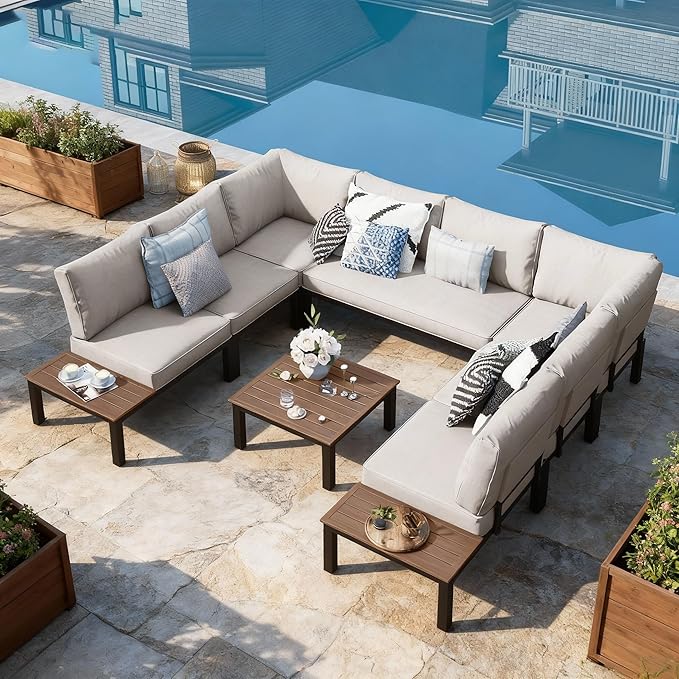 Sophia & William Outdoor Sectional Sofa, 9 Piece Metal Patio Furniture Set, Modular Patio Conversation Set-2 x Single Sofa with Side Table, 4 x Single Chairs, 1 x Loveseat, 1 x Tea Table