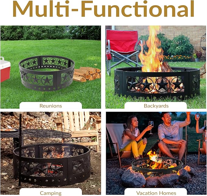 Sunnydaze 36-Inch Outdoor Fire Pit Ring with Poker - Round Heavy-Duty Steel Fire Ring for Camping or Backyard - 4-Star - 12" H