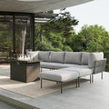 7 Piece Modern Outdoor Rope Wicker Sectional Patio L-Shaped Conversation Sofa Set Deep Seating with Fire Pit Table
