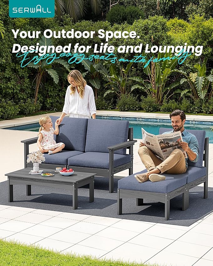 SERWALL 5-Piece Patio Sofas with 15FT Double Side Patio Umbrella, All-Weather HDPE Outdoor Sectional Sofa, Large Modular Patio Conversation Set for Garden, Deck, Porch, Grey Frame with Grey Cushion