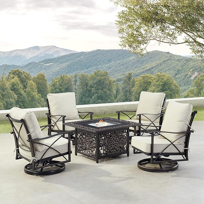 Oakland Living Black Aluminum Patio Fire Table Set with Four Club Chairs