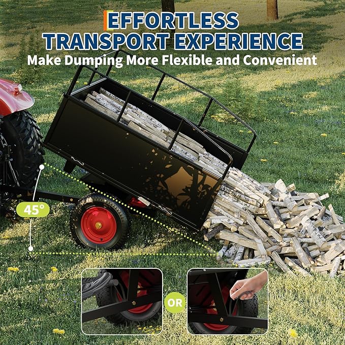 GarveeLife ATV Trailer Tow Behind Steel Dump Cart, 750 lbs 17 Cubic Feet Heavy Duty Yard Garden Utility Trailer Pull Behind with Removable Sides & All Terrain Tires for Lawn Mower, Tractor, Yard
