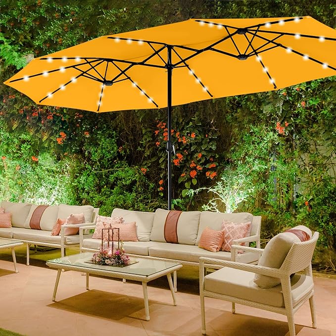 Sophia & William 15 ft Extra Large Patio Umbrella with Solar Lights, Rectangular Outdoor Umbrella with Base Included, Market Umbrella Double-sided Heavy Duty for Pool Garden Backyard, Golden yellow