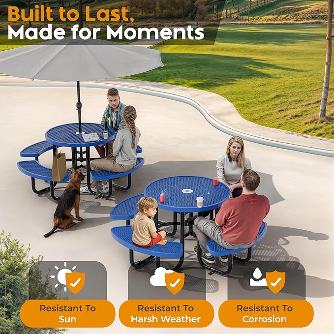 OUTTANS Metal Picnic Tables for Outdoors with Umbrella Hole - Coated Steel Heavy Duty Commercial Grade Furniture Set with Adjustable Seats (Blue, 38 in, Round, Expanded Steel)