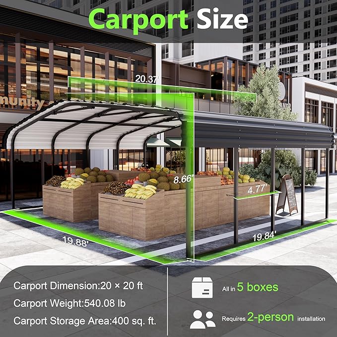 Royal Windsor 20×20 FT Metal Carport Car Port for 2 Car, Multi-Use Heavy Duty Metal Garage Shed for Car, Outdoor Car Port Kit with Galvanized Steel Roof Building and Frame