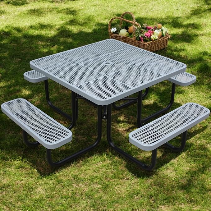 HIMcup 46" Square Picnic Table W/Benches,Heavy Duty Metal Picnic Table Set with 2in Umbrella Hole, 1600 lb Capacity,Commercial Dining Table Furniture for Yard Patio Lawn Party Coffee Shop