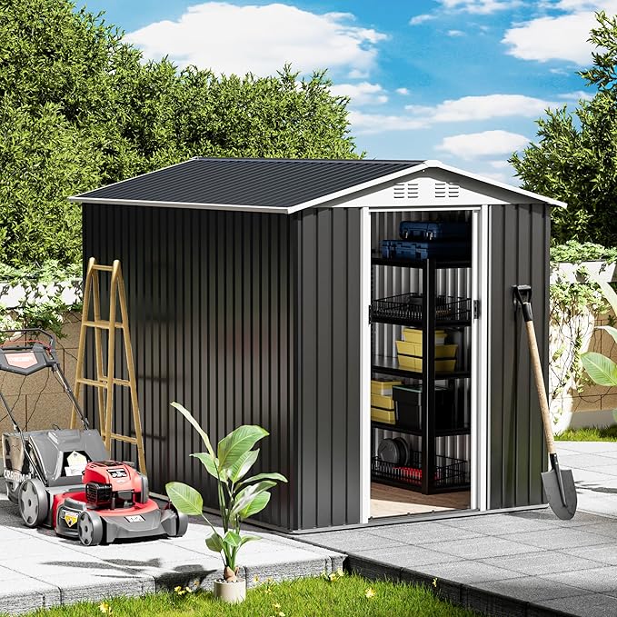 6x9ft Outdoor Metal Storage Shed Waterproof Garden Shed with Lockable Door, Windows & Vents, Tool Metal Storage for Patio Furniture Lawnmower（Grey）