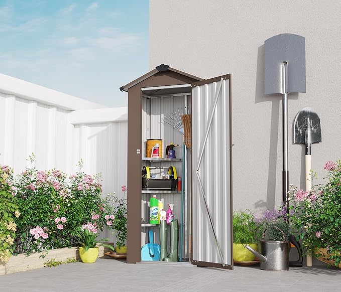 2.5x1.4 FT Mini Outdoor Storage Shed, Plastic Shed with Floor, Lockable Door, Adjustable Shelves & Sloping Roof, All-Weather Resin Shed for Garden, Backyard, Patio, Lawn (Brown)