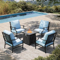 HERA'S HOUSE 5 Pieces Patio Furniture Set with Fire Pit Table, 4 x Thick Cushioned Chairs, 1 x Fire Pit Table (50,000 BTU), All Weather Outdoor Conversation Set for Garden, Backyard, Lawn, Blue
