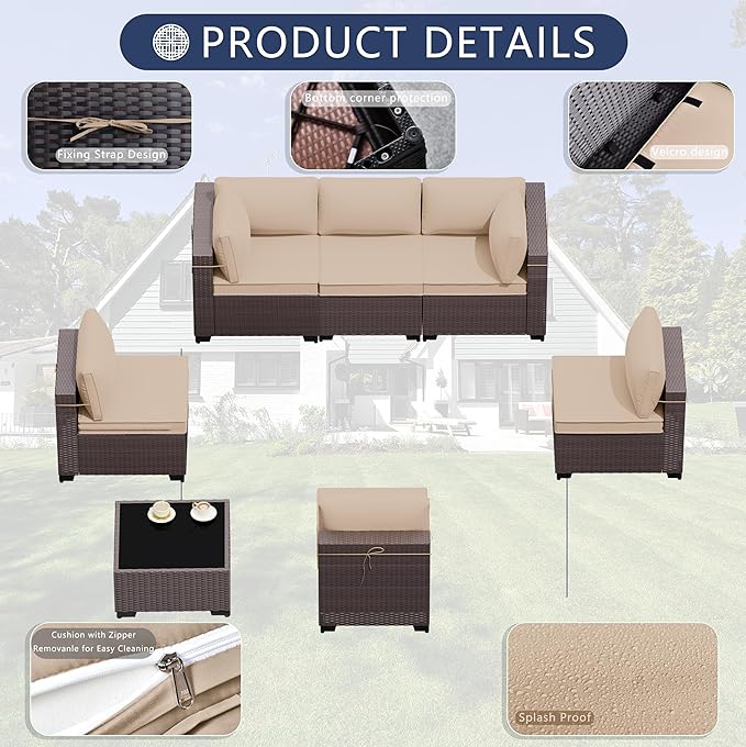 Outdoor Patio Furniture Set, 7 Pieces Outdoor Sectional Furniture Patio Sofa, All-Weather PE Rattan Patio Conversation Set with Tempered Glass Top Table & Cushions