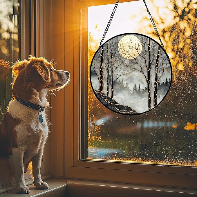 AMDERVEN Stained Glass Window Hanging - Black and White Gold Moon Forest Sun Catcher for Door Home Decor Suncatcher Christmas Mother's Day Birthday Gifts for Women Men Lovers Mom Nana 6.3 in