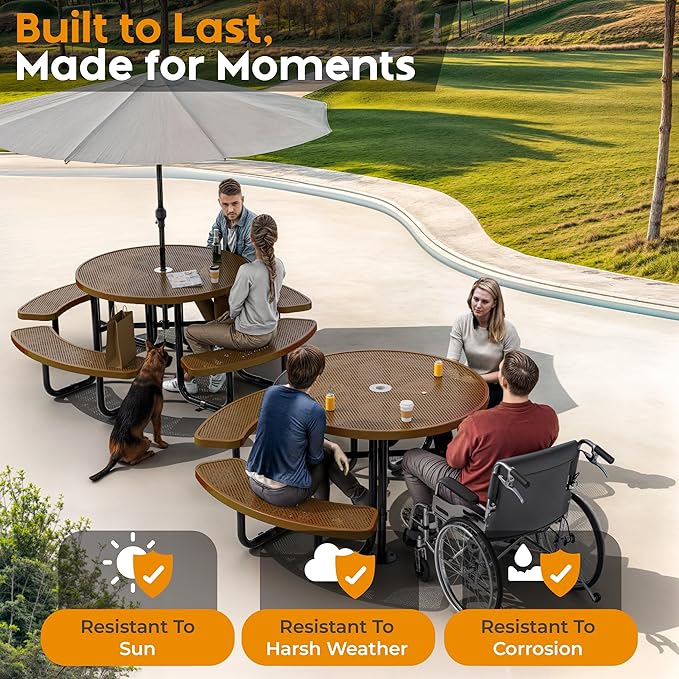 Metal Picnic Tables for Outdoors with Umbrella Hole - Coated Steel Heavy Duty Commercial Grade Furniture Set with Adjustable Seats (Brown, 46 in, Round, Punched Steel)