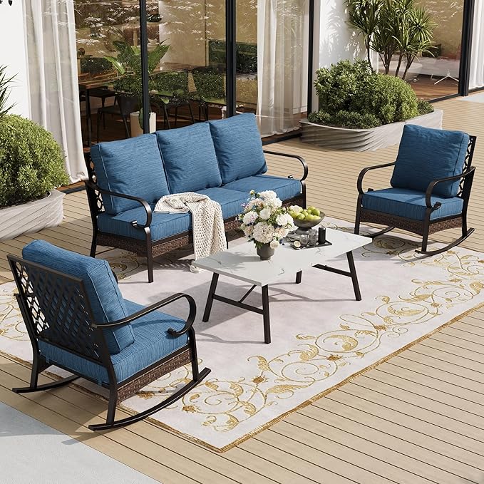 SUNSHINE VALLEY 4 PCS Metal Outdoor Patio Furniture Set, Patio Conversation Sets 1 3-seater Sofa, 2 Rocking Chairs with 5.75" Extra Thick Cushion & Coffee Table, Black Frame Backyard Furniture, Blue-2