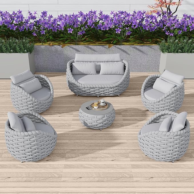 TWT Aluminum Outdoor Patio Furniture Set with Coffee Table, 6 Piece Patio Conversation Sets with Washable Cushions Covers, Patio Sectional Furniture Set for Porch, Balcony, Deck, Yard, Light Grey