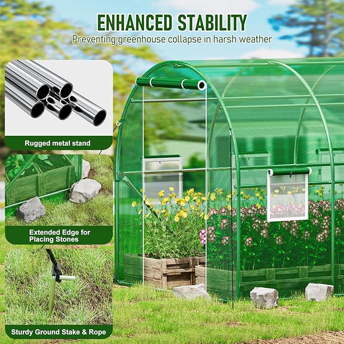 SPECILITE Walk-in Tunnel Greenhouse for Outdoors, 15×7×7 FT Heavy Duty Hoop House Kit with 8 Screen Windows, Thicken PE Cover & Galvanized Frame, Portable Large Green Houses for Outside, Winter, Green