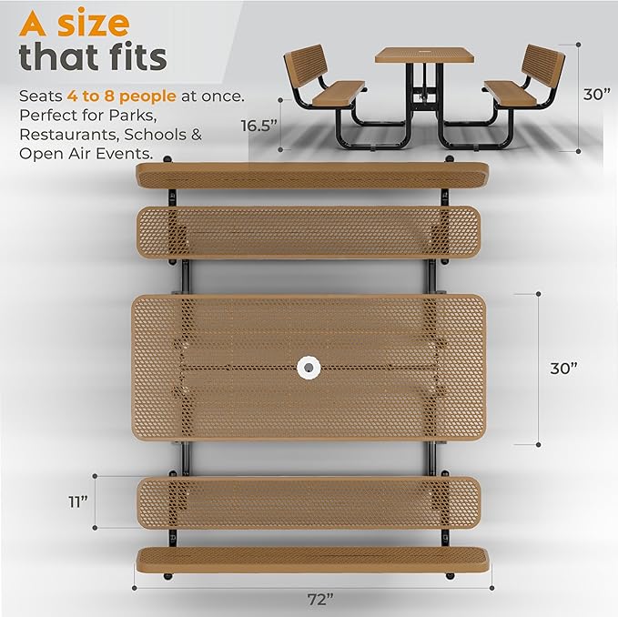 Commercial Heavy-Duty Metal Picnic Table with Backrest - ADA Compliant, Adjustable Seats, Umbrella Hole, Expanded Metal (Brown, 6' Rectangular with Back)